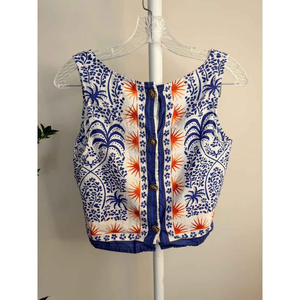 Rachel Zoe Blue Orange Palm Tree Sun Print Linen Blend Crop Tank Top Medium - Picture 6 of 8